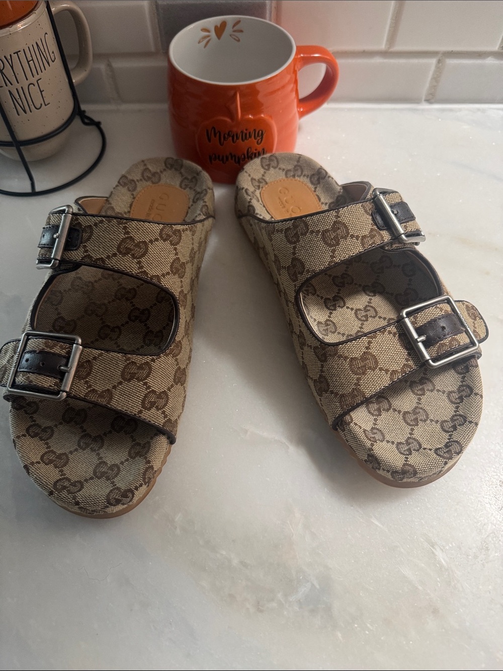 Gucci Women Beige Monogram Double Buckle Sandals